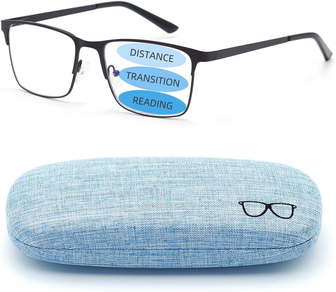 Progressive Multi focus Reading Glasses, Blue Light Blocking Metal Spring Hinge Readers with Hard Case, Black 2.5 x