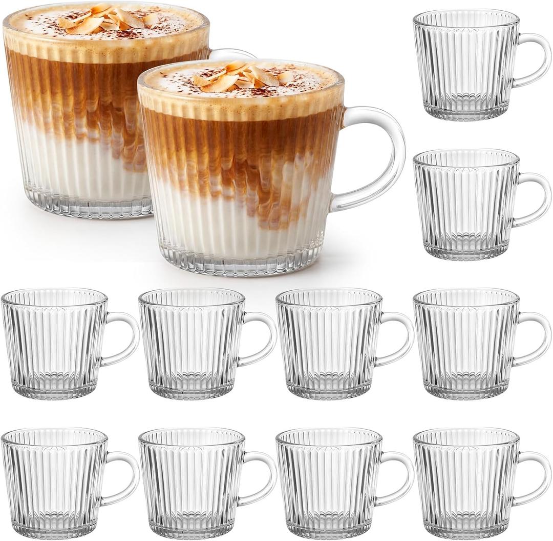 12 Pack Glass Coffee Mugs with Handle 8.5 oz Classic Vertical Stripes Glass Coffee Cups Clear Ribbed Tea Cups for Hot Cold Beverages Americano Latte Cappuccino(Elegant)
