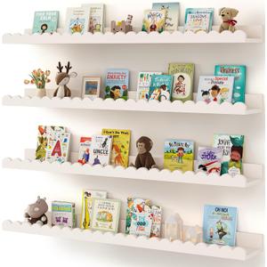 Shario Nursery Book Shelves, 4-Pack White Floating Shelves for Wall Kids, Scalloped Shelves, Wall Book Shelves for Bedroom Kids, Toddler Room, Baby Room, Nursery Decor (White, 36 Inches)
