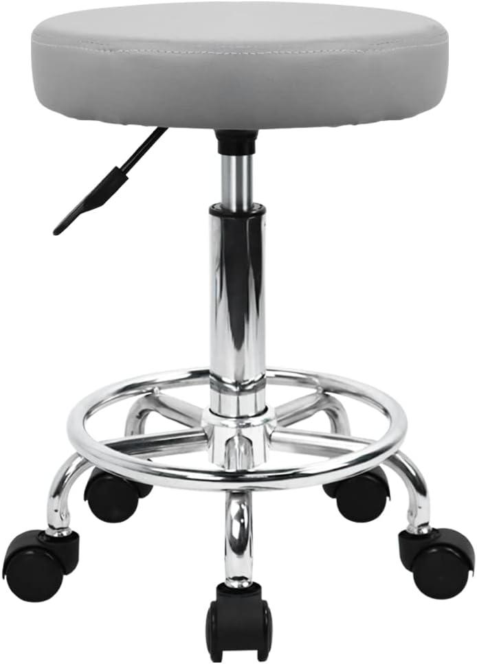 KKTONER PU Leather Round Rolling Stool with Foot Rest Swivel Height Adjustment Spa Drafting Salon Tattoo Work Office Massage Stools Task Chair (Grey) (Grey)
