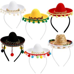 TOPZEA 6 Pack Cinco De Mayo Sombrero Hat, Fabric and Straw Mini Mexican Hats Headband, Birthday Party Decorations Small Festival Hat, Carnival Costume Outfit Fun Photo Props for Kids Dolls Pets