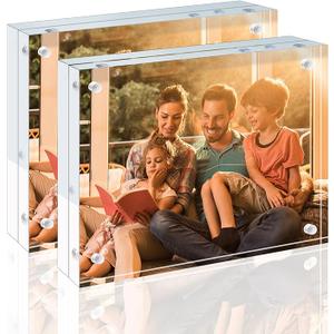 Egofine 3.5x5 Acrylic Frames 2 Pack, 20mm Thicker Frameless Clear Picture Frames, Double Sided Magnetic Picture Frames, Free Standing Desktop Display