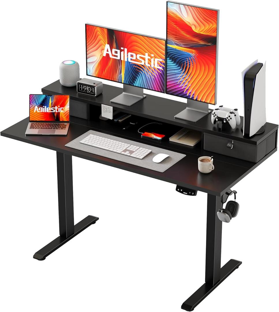 Agilestic 48 x 24 Inches Electric Standing Desk with 2 Storage Drawers, Adjustable Height Sit and Stand Computer Table with Splice Board, Black