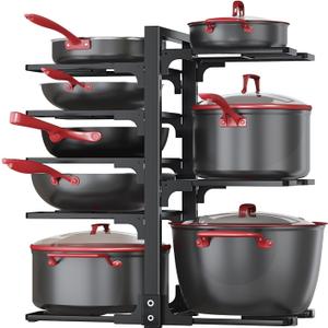 Heavy Duty Pots and Pans Organizer - 8 Tier Rack for Under Cabinet, Adjustable Lid Holder for Dutch Ovens, Cast-Iron Pans