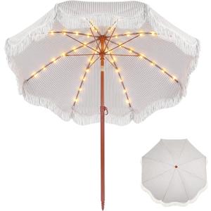 Fringe Patio Umbrella with Solar Powered String Lights, Boho Patio Umbrella for Outdoor, Garden, Deck, Pool, Push Button Tilt Pole