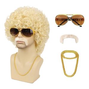 Mens 70s 80s Disco Blonde Curly Wig With Glasses Necklace Mustache and Wig Cap Natural Fluffy for Rocker Halloween Costume Cosplay