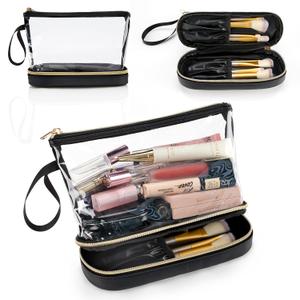 Ethereal Travel Makeup Bag, Clear Cosmetic Bag Make Up Organizer TSA Approved Toiletry Bag, Waterproof Pouch for Women Purse for Toiletries Accessories Brushes (Small (Pack of 1), 01-leather black clear)