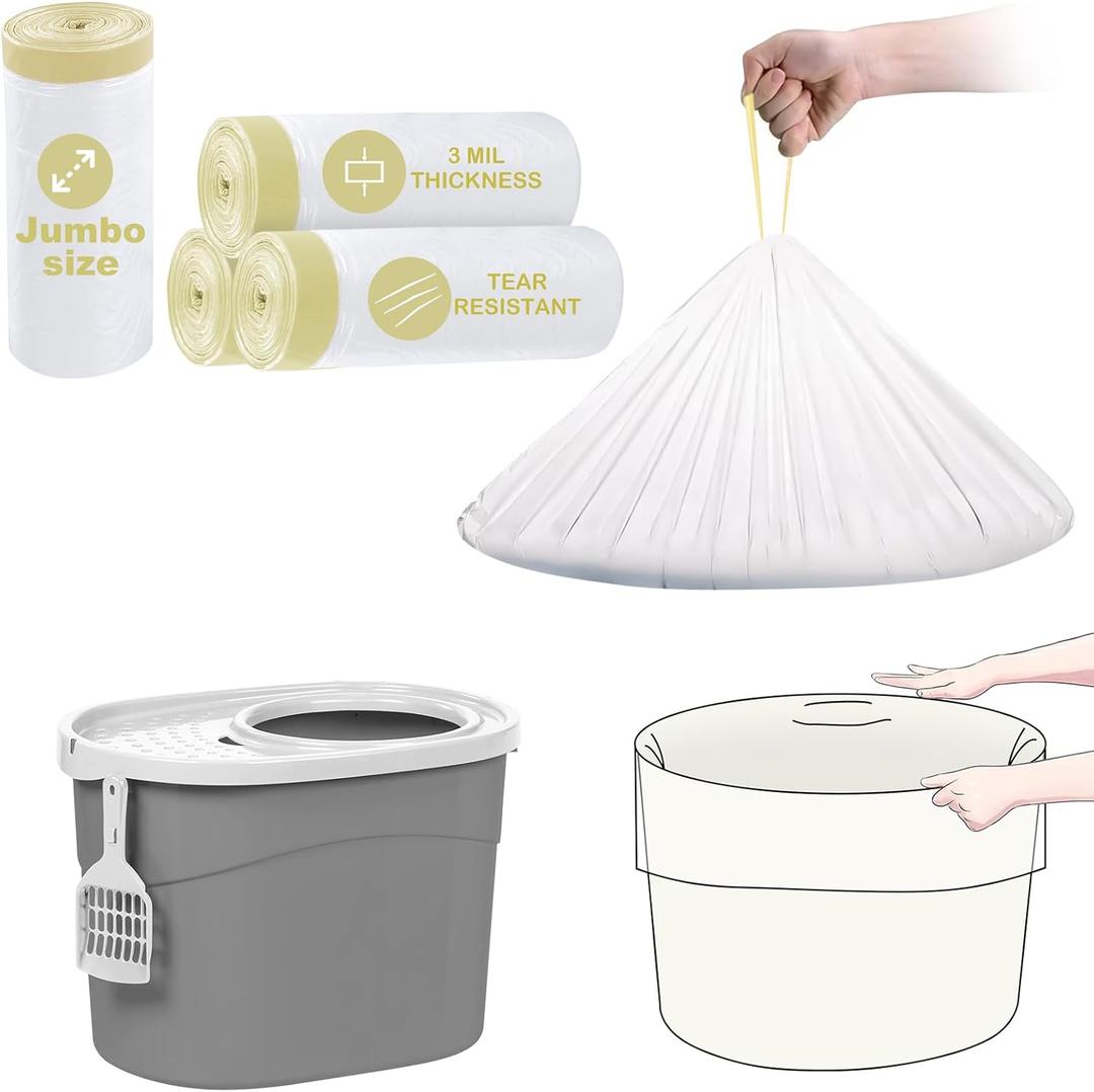 ELEGX 80 Count Litter Box Liners,HDPE Material 3MIL Extra Thick Heavy Duty 32.8  23.6 Jumbo Drawstring Cat String Liners,Compatible with IRIS Top Entry Cat Litter Box