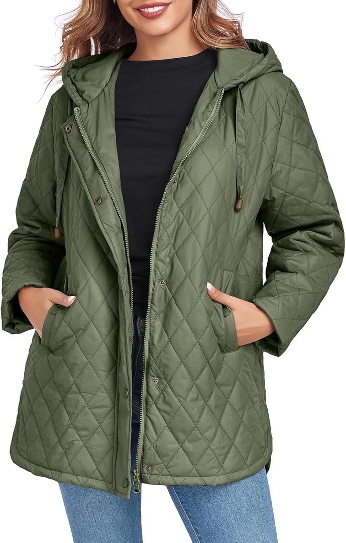 Women's Oversized Quilted Jackets Lightweight Long Sleeve Full Zipper Puffer Jacket Casual Hooded Coats with Pockets (Medium, Army Green)