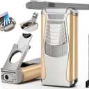 5-in-1 Triple Jet Torch Lighter with Straight Tool, Punch, Holder, Draw Enhancer, and Adjustable Flame, Gift Accessories for Men, Windproof Butane Lighter for Travel (Butane Not Included)