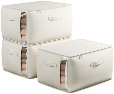 TomVista Large Canvas Clothes Storage Bags with Thick Handles and Clear Window, Foldable Cotton Linen Closet Organizer for Clothing, Blankets and Bedding, 70L, 3 Pack, Beige