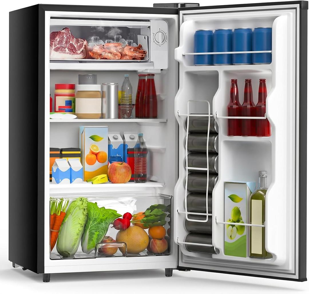 OLIXIS 3.2 Cu.Ft Mini Fridge with Freezer, Single Door Compact Refrigerator | Adjustable Thermostat, 5-Level Thermostat, for Bedroom Office Dorm, LED Interior Light, Black, 17.72"*17.72"*31.1"