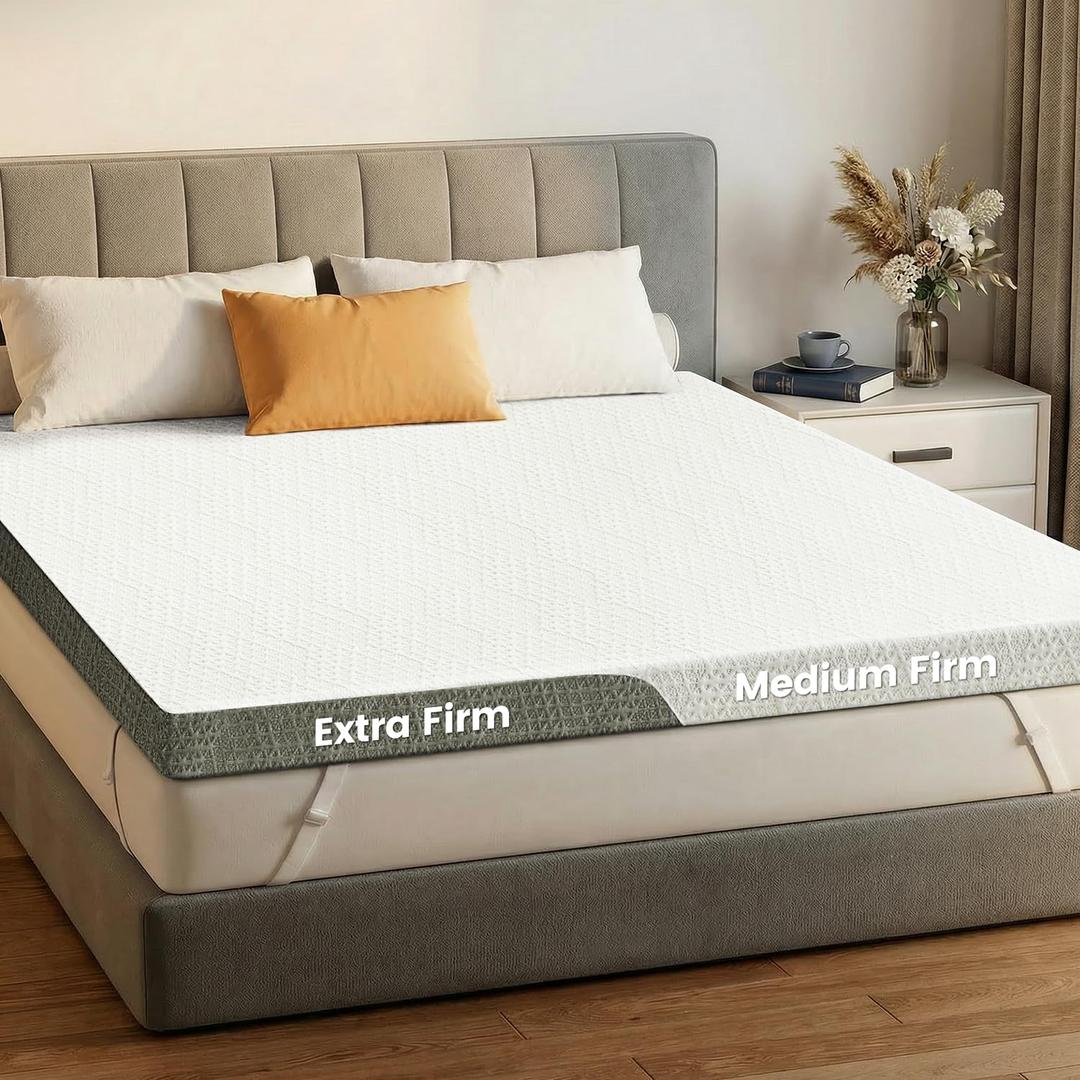 Extra Firm Mattress Topper King: Left Right Dual Firmness Mattress Pad, Medium & Extra Firm for Couple, High Density Foam for Pain Relief, Washable Cooling Cover, CertiPUR-US Certified, 80x76x3 Inch