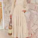ZESICA Women's 2026 Spring Long Sleeve Maxi Dress V Neck Hollow Out Eyelet A Line Long Flowy Casual Party Dresses (Beige, L)
