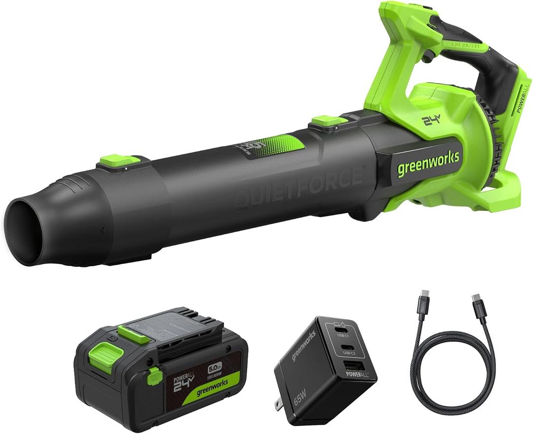 Greenworks 24V Electric Leaf Blower, 515 CFM, 5.0 Ah Battery and Charger