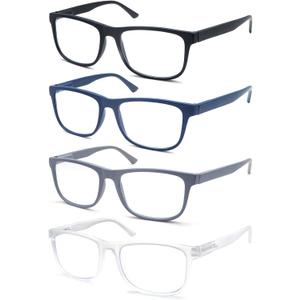 Large Reading Glasses Mens Oversized Wide Readers +1.00 Lightweight Square Magnifying Cheaters Glasses for Men W/Big Head 4 Pack (Matte-black/Gray/Blue/Frosted Clear Frames)