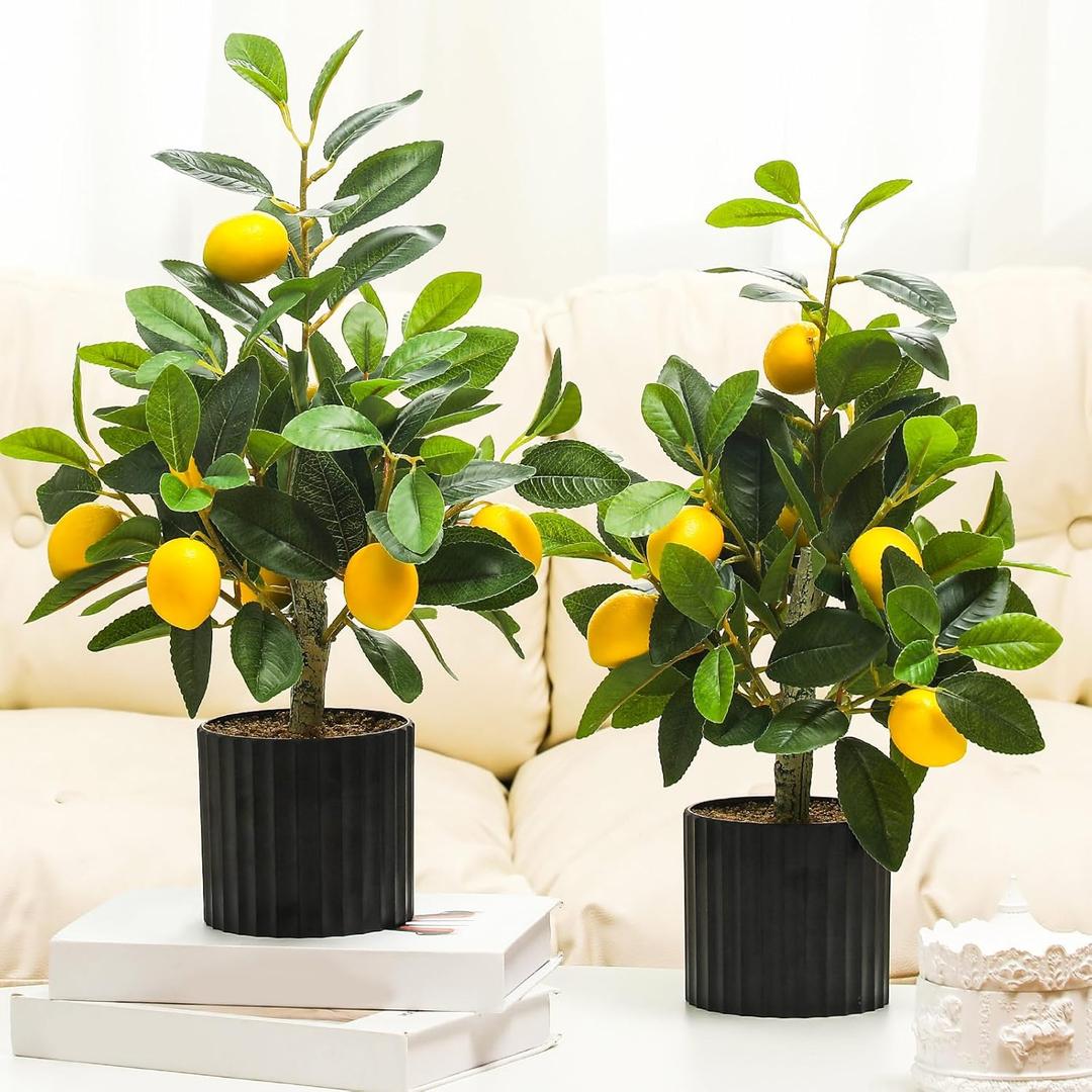 Giegxin 2 Pcs Artificial Lemon Tree 15.7 Inches Fake Artificial Potted Plants Faux Lemon Citrus Tree with Pot Faux Plants Indoor for Home Kitchen Office Living Room Table Desk (Black Pot)