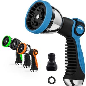 Garden Hose Nozzle Spray Nozzle,10 Hose Metal Duty Watering Patterns Thumb Control On Off Valve, High Pressure Nozzle Sprayer for Watering Plants, Car Wash,Cleaning,Showering Pets Blue