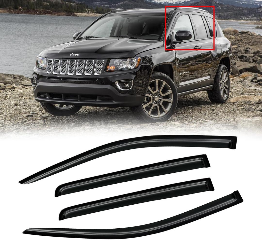 Window Visor for 2007-2016 Jeep Compass, Out-Channel Rain Guards Shields Vent Deflector Shade Wind Dark Smoke 2008 2009 2010 2011 2012 2013, Tape-On Outside-Mount, 4PCS