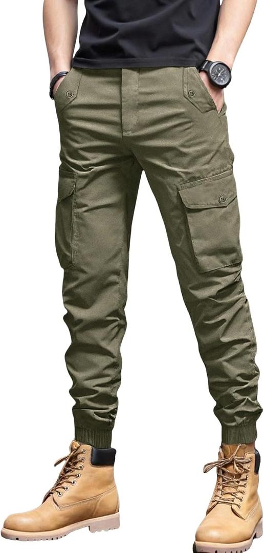 Men's Casual Cargo Pants Tapered Loose Fit Cuffed Joggers Sweatpants Drawstring Tactical Pants with Multi Pockets (Green, L)