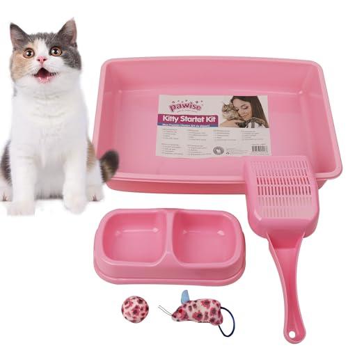PAWISE Small Cat Litter Box,14.3 x 10.6 x 2.5 Kitten Litter Box Starter Kit,Low Entry Baby Kitten Training Litter Box with Scoop, Bowls,Cat Mouse Toy and Ball Toy,First Catty Owner Essentials(Pink)
