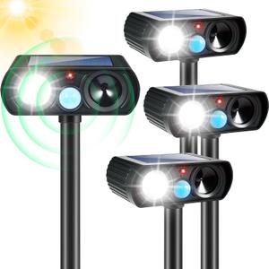 4Pack Ultrasonic Animal Repellent Outdoor Solar Animal Repeller with LED Strober Light&Motion Sensor Cat Deterrent Outdoor Deer Repellent Device to Scare Raccoon Squirrel Skunk Repellent for Yard 382
