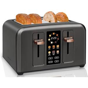SEEDEEM Toaster 4 Slice, Full Touch control Toaster, LCD Display, 6 Bread Type, 7 Shade Settings, 1.4''Wide SlotsMore Time Function, Removable Crumb Tray, 1800W, Dark Metallic