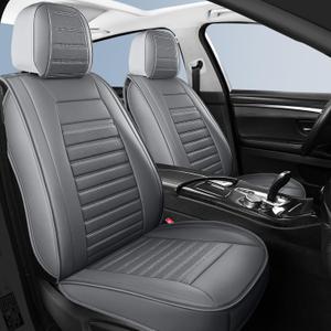 HChengkikz Leather Car Seat Covers, Waterproof Horizontal Stripes Front and Rear Car Seat Cover, Breathable Automotive Seat Covers for Sedan SUV Pick-up Truck (5 PCS Full Set, Grey)