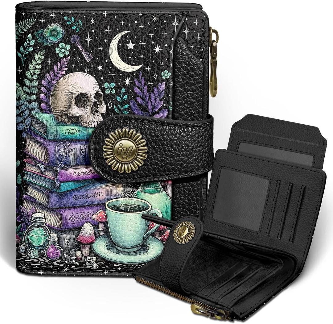 Icycay Goth Gothic Skull Small Wallet Women RFID Blocking Bifold, Credit Card Holder, Zipper Coin Pocket, PU Leather, Funny Witchy, Compact, Travel, 4 ID Window 14 Card Slots, Cash Purse, Ladies Woman