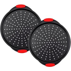 13 Inch Pizza Pan for Oven (2 Pack) Round Pizza Pan with Holes - Non-Stick Carbon Steel Pizza Tray with Silicone Handles - for Cooking, Baking, and Grilling - Dishwasher Safe