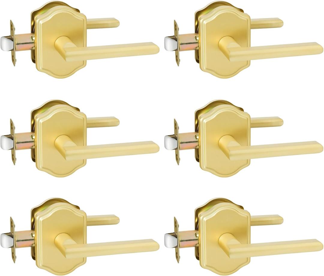 goldenwarm Gold Passage Door Handles, Classic Zinc Alloy Brushed Gold Hall and Closet Door Handles, Brushed Brass Interior Door Levers,Hallway(6 Pack)