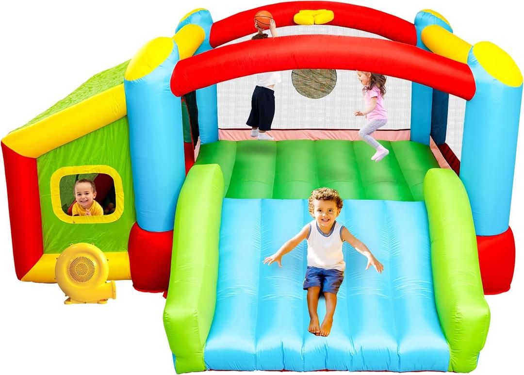 WELLFUNTIME Bouncy Castle & Bounce House, Inflatable Bouncer with Air Blower, Kids Jumping Castle with Slide, Ball Pit & Dart Target Game, 143x137x68 Inch