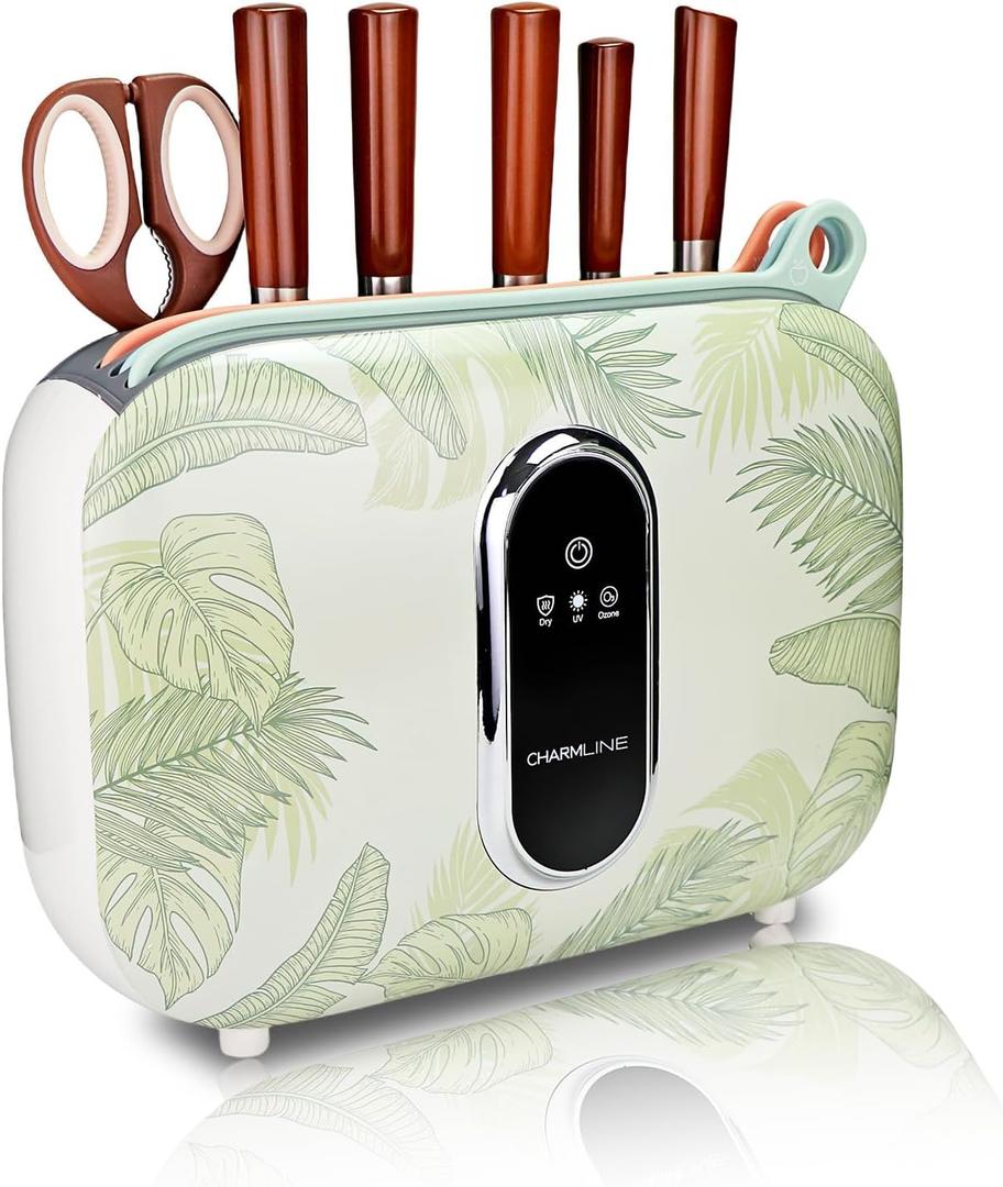 Charmline Smart Cutting Board and Knife Set with Block, Knife and Cutting Board Set for Kitchen, Cutting Board Organizer with 3 Cutting Boards Dishwasher Safe, 4 Knives, Scissors and Knife Sharpeners (Leaf Patterned Set)