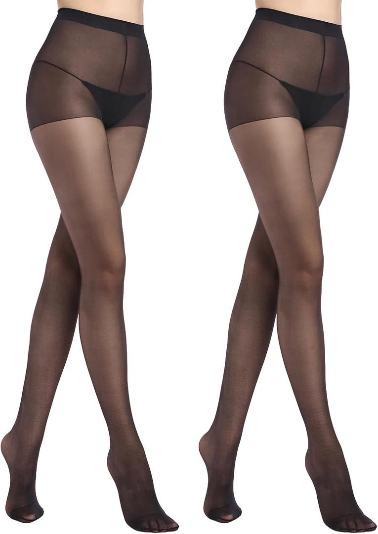 2 Pack Sheer Tights for Women, Control Top Pantyhose, 15 Denier, run resistant black sheer tights reinforced toe (Large)