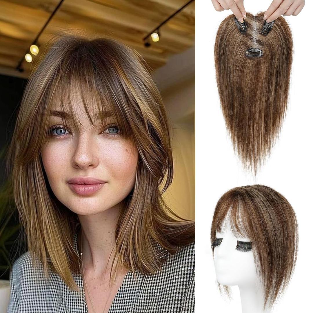 REECHO Hair Toppers for Women Real Human Hair, Seamless Human Hair Toppers with Bangs, 360 3D Cover Clip in Bangs Hair Extensions for Daily Wear, Medium Brown with Highlights