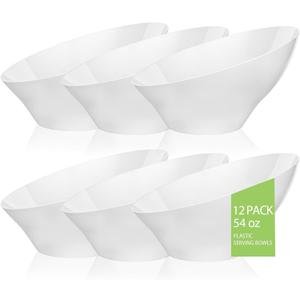 BESTVIP 54oz White Plastic Serving Bowls for Party - 12 Pack Angled Disposable Serving Bowls, Party Bowls for Chips, Snacks, Fruit, Salad - Bowls for Parties, Daily Use,Halloween, Christmas