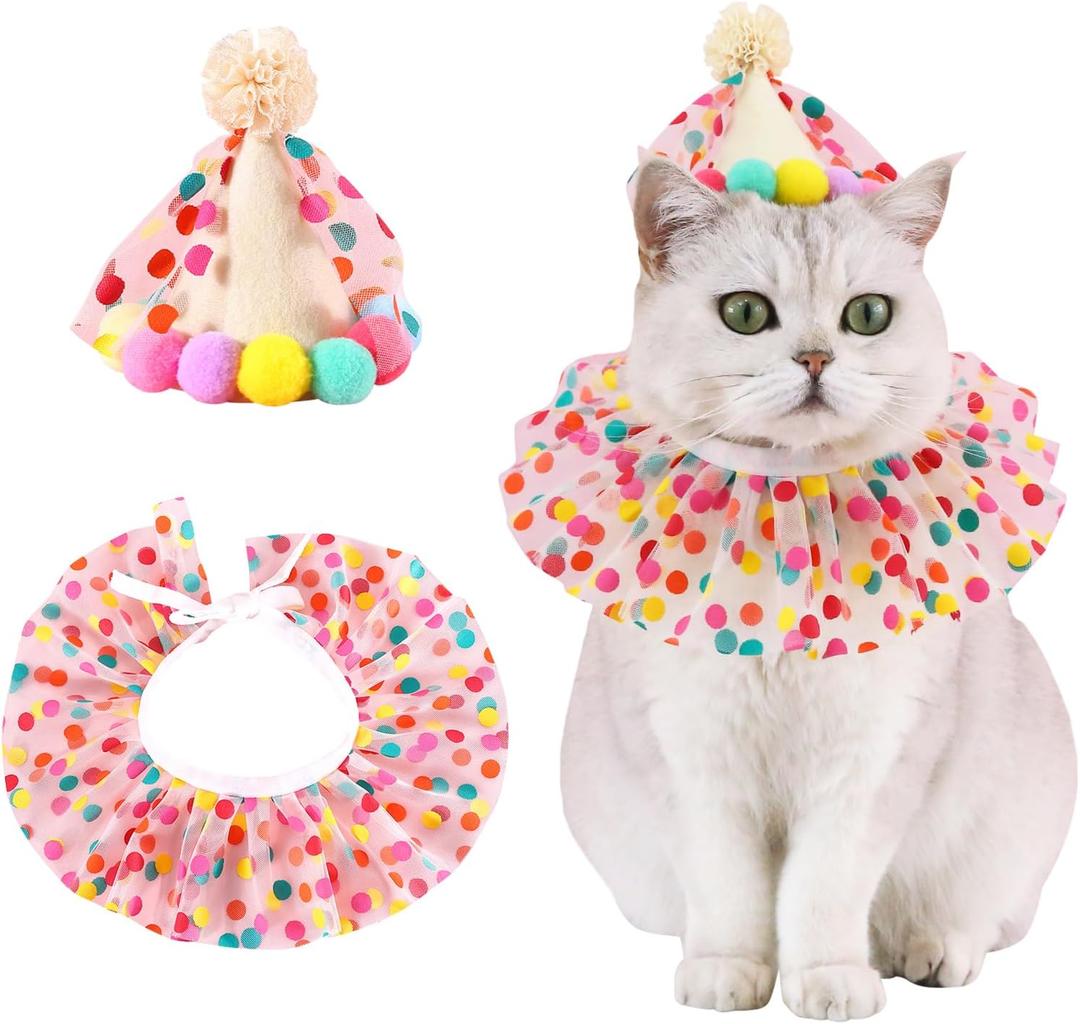 Pet Birthday Hat Scarf Set Puppy Princess Costumes Cute Lace Cat Outfit Dog Colorful Dots Bandana Pom-pom Cone Hat Cat Happy Birthday Decorations Pet Party Supplies