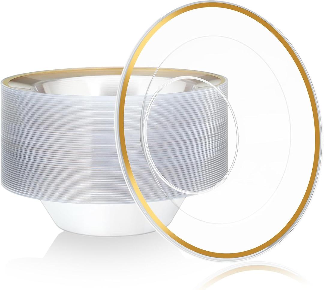 50 Pcs Clear Plastic Party Bowls 12 oz Plastic Dessert Bowls Disposable Dinnerware Elegant Tableware Dishes for Catering, Holidays, Parties Supplies, Weddings (Gold,Single Side)