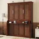 KEIKI Queen Murphy Bed with Desk & Gas Struts, Space Saving Wall Bed Cabinet, Foldable Hidden Bed Frame for Home Office Guest Room, Modern Wood Murphy Bed Furniture, No Mattress, Walnut