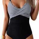 B2prity Women's One Piece Swimsuits Tummy Control Front Cross Bathing Suits Tie Back Slimming V Neck Swimwear (S, Black Stripe)