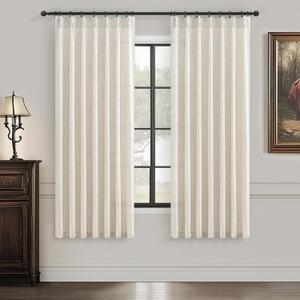 PleatedDrapes Light Filtering Kitchen Curtains 63 Inches Long 2 Sets, Basement Curtains for Small Window Cream Beige Pinch Pleated Linen Blend Short Semi Sheer Back Tab for Bay Windows Birch, 40"W x 63"L( Pack of 2)