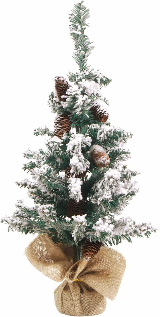 Tabletop Christmas Tree 2ft Artificial Mini Christmas Tree, Pine Cones Frosted Snow Branches Small Flocked Christmas Tree for Desk or Bedroom, Table Top Xmas Tree for Holiday Indoor Christmas Decor