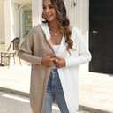 Womens Hooded Long Cardigan Color Block Open Front Knit Cardigan Oversized Lightweight Knit Sweater Outwear (L)