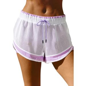 Fisoew Women Athletic Shorts 2 in 1 Running High Split Color Block Workout Yoga Mesh Shorts Pocket Drawstring (Purple, M)