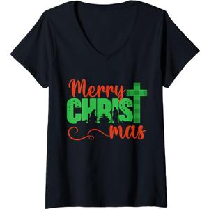 Womens Merry Christ Mas Christian Christmas Jesus Christmas Family V-Neck T-Shirt
, L