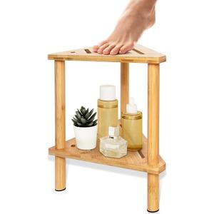 Shower Foot Rest 15in, Shower Stool for Shaving Legs, Waterproof Wood Corner Shower Stool with Storage Shelf for Inside Small Shower Spaces, Bamboo
