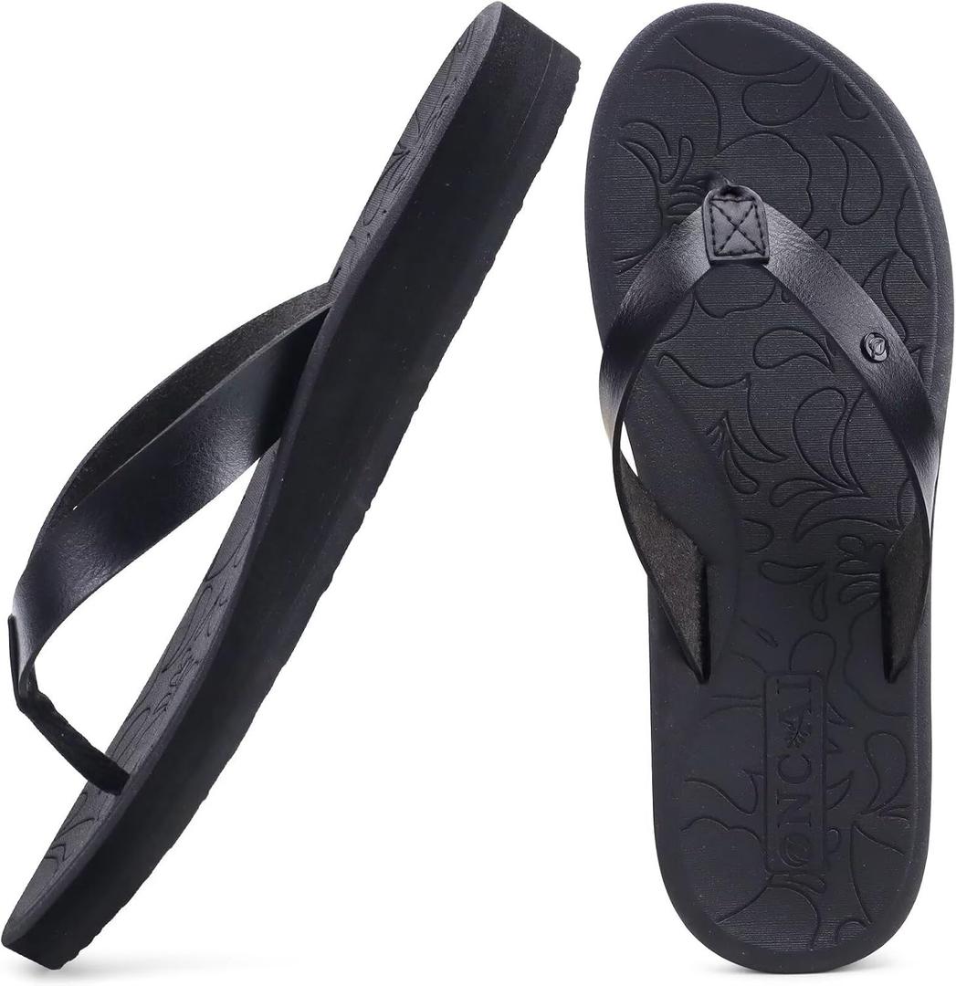 ONCAI Women's Flip Flops Comfortable Arch Support Yoga Mat Summer Beach Walking Thong Cushion Sandals Ladies Outdoor Vacation Essentials Slide Shoes Rubber Soles US Size 5-11 (Black)