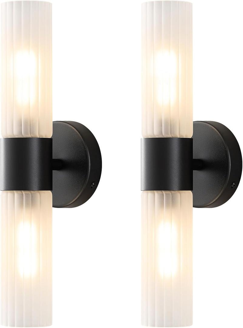 Wall Sconces Set of Two, Bathroom Light Fixtures 2-Light, Modern Vanity Light for Bathroom, Wall Light with Frosted Glass Rods Shades for Mirror Bedroom Hallway (Black)
