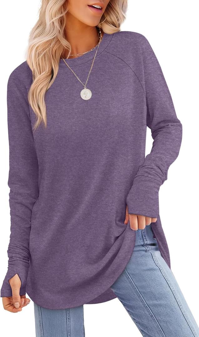 XIEERDUO Womens Tunic Tops to Wear with Leggings Long Sleeve Thumb Hole Shirts Crew Neck Curved Hem (M-dark Purple)