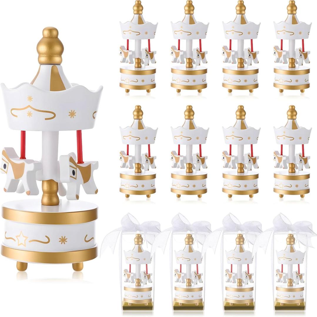 Flutesan 12 Sets Wooden Carousel Christmas Party Favors Baby Shower Favors Game Prizes Carousel Baptism Gifts for Guests with Independent Packaging Box and Bowknot for Birthday Carnival
